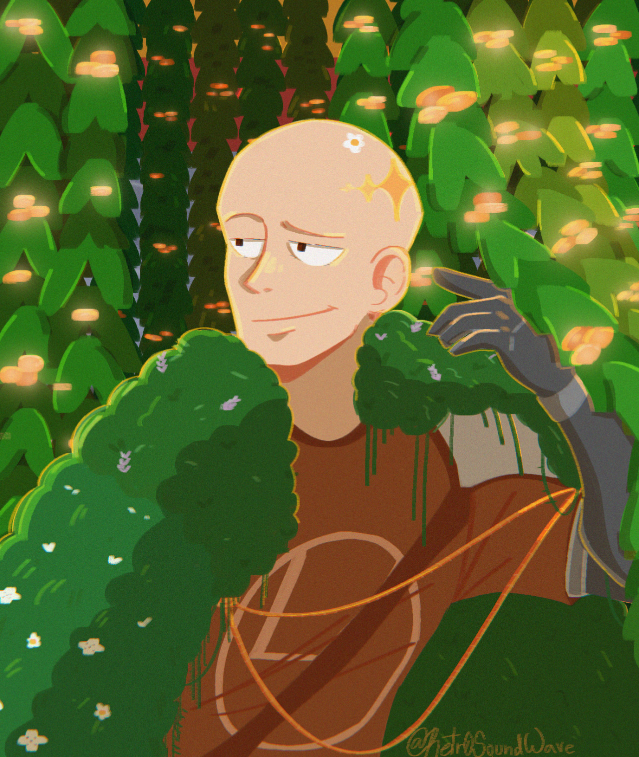 A drawing of Fit wearing the same clothes as his minecraft skin. However, the green cape his cubito usual wears is imagined as a mossy cape. He is leaning on a wall in a lush cave full of glowberry vines.